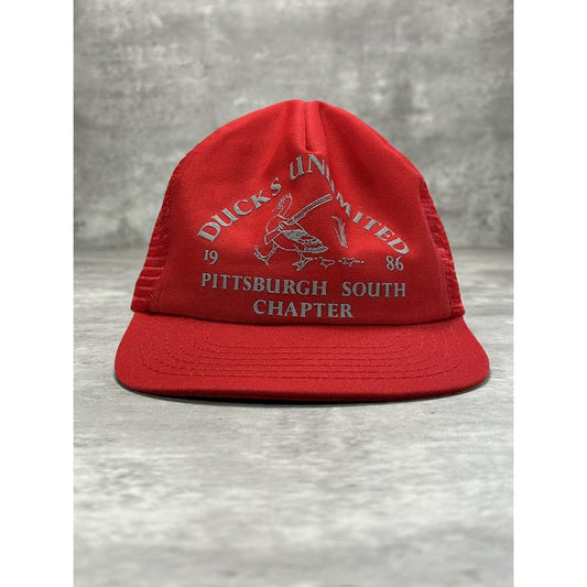 Vintage 1980s Ducks Unlimited Hunting Graphic Trucker Snapback Hat OSFA Red