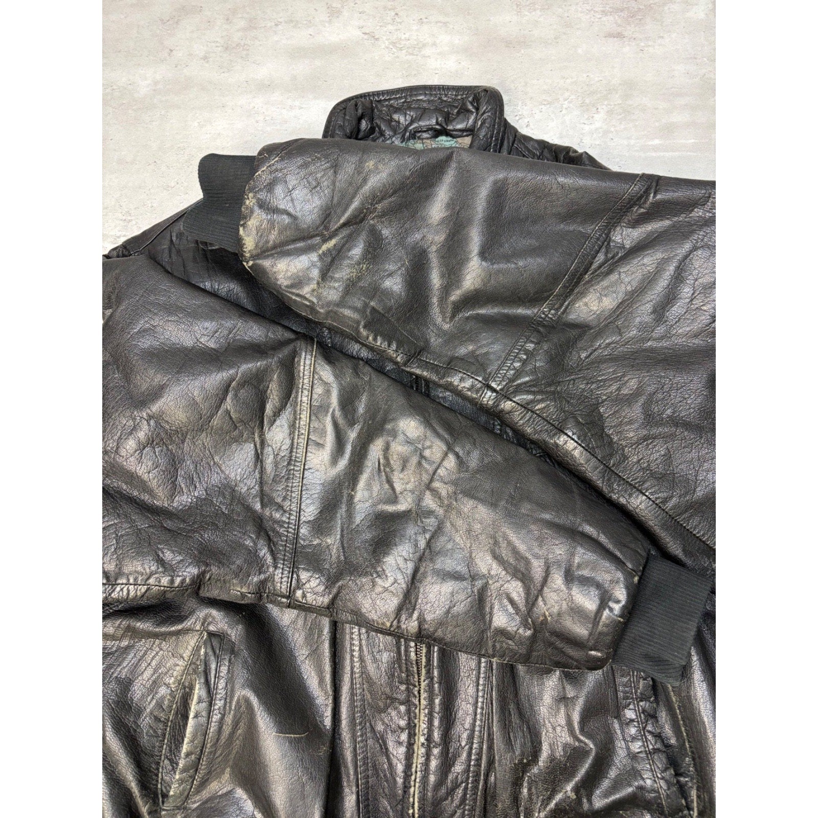 Vintage Leather Globe Pattern Lined Full Zip Bomber Jacket Size XL