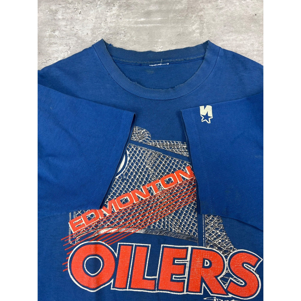 Vintage 1990 Edmonton Oilers NHL Starter Spellout Logo Graphic T-Shirt Size XL