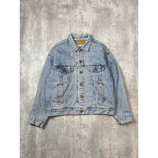 Vintage 90s Levis Aztec Lined Red Tab Light Wash Denim Trucker Jacket Size Large