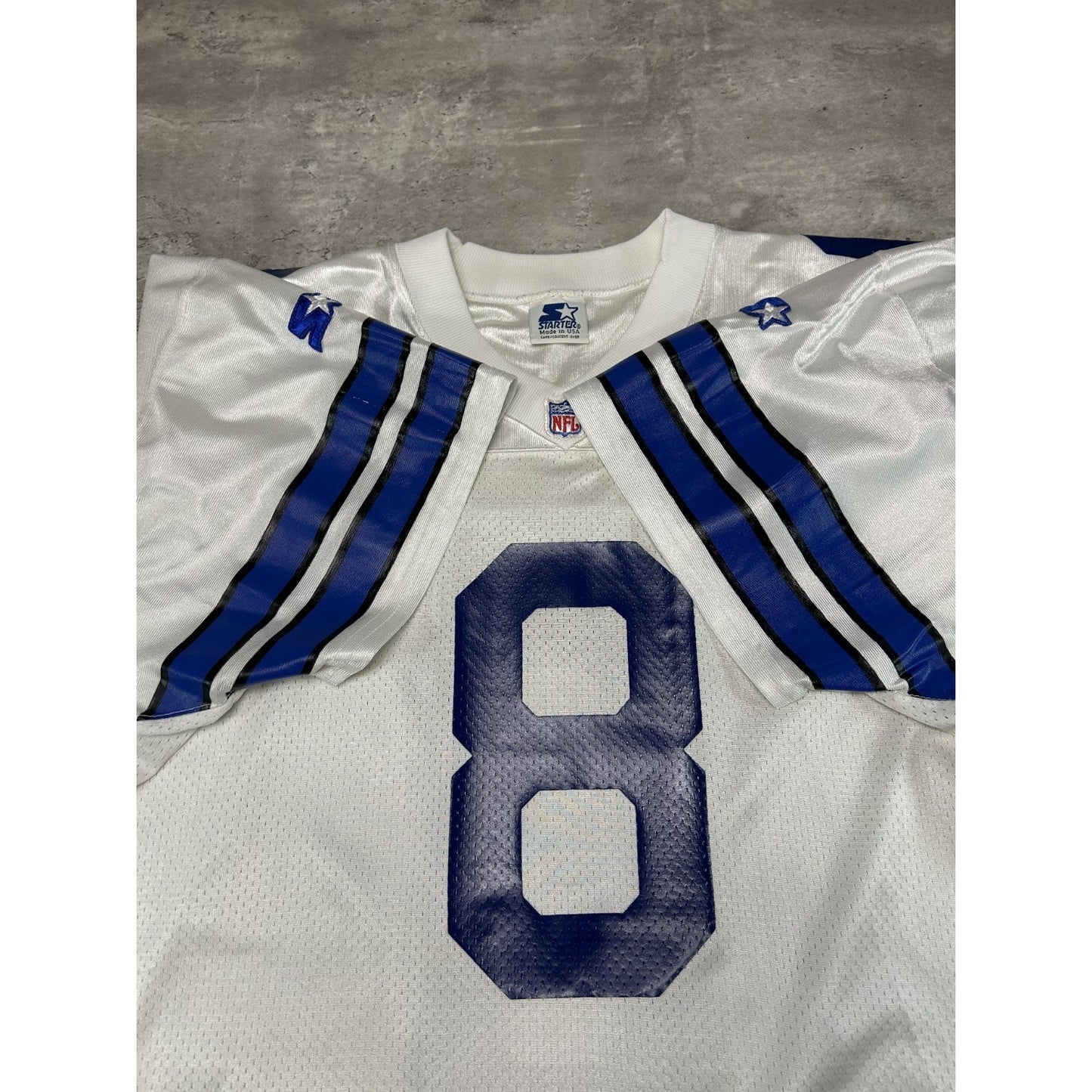 Vintage 90s Troy Aikman #8 Dallas Cowboys NFL Starter 75 Anni Football Jersey XL