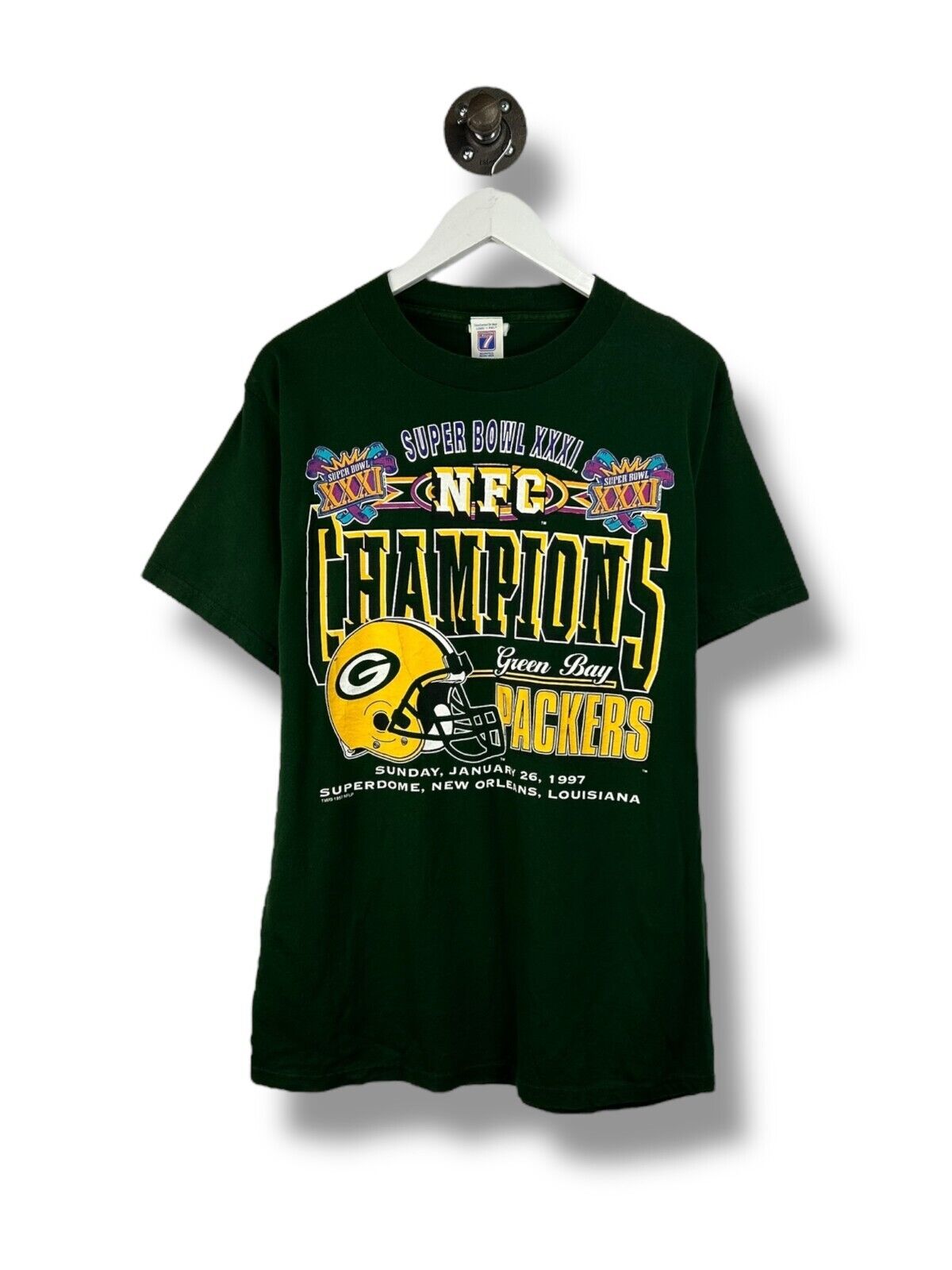 Vintage 1997 Green Bay Packers NFL NFC Champs Football T-Shirt Size Large Green