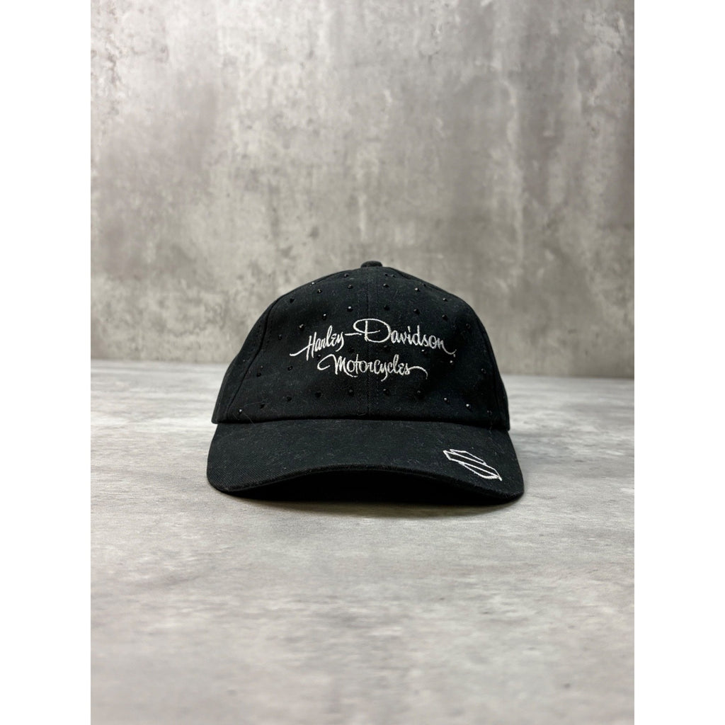 Vintage Harley Davidson Bedazzled Embroidered Spellout Strapback Hat OSFA
