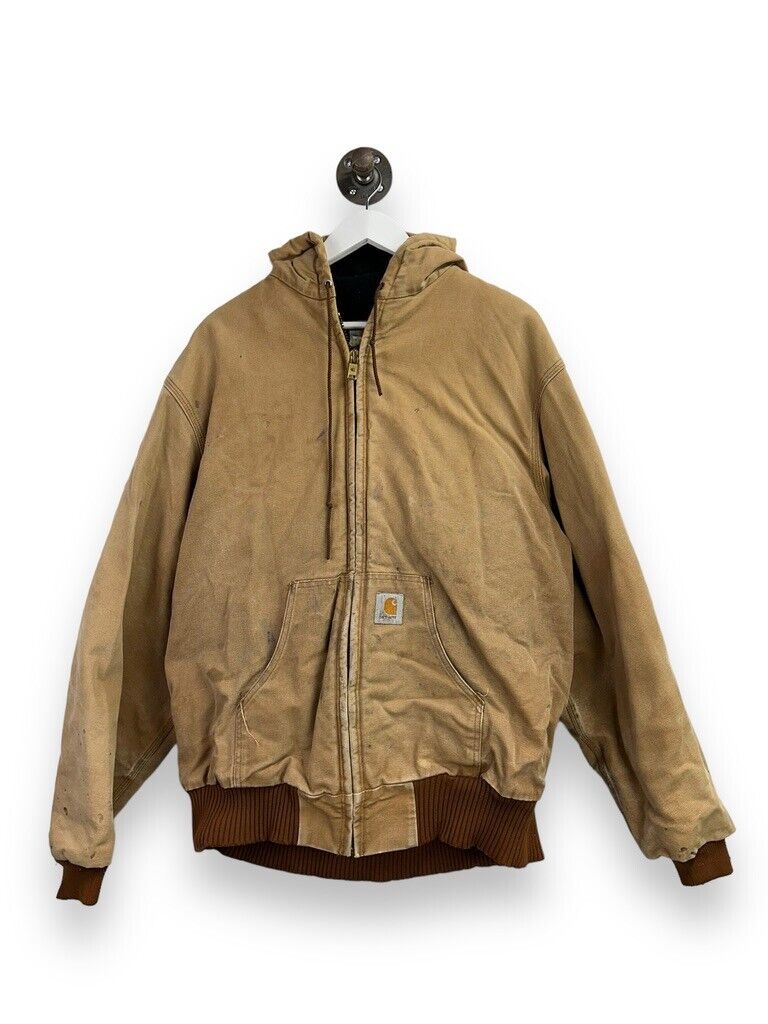 Vtg Carhartt Blanket Lined Canvas Workwear Hooded Bomber Jacket Sz Large J04BRN