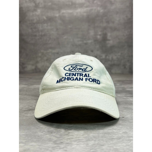 Vintage Ford Central Michigan Embroidered Spellout Strapback Hat OSFA White