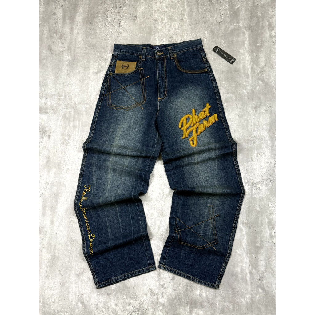 Vintage Womens Y2K Phat Farm Embroidered Script Dark Wash Denim Pants