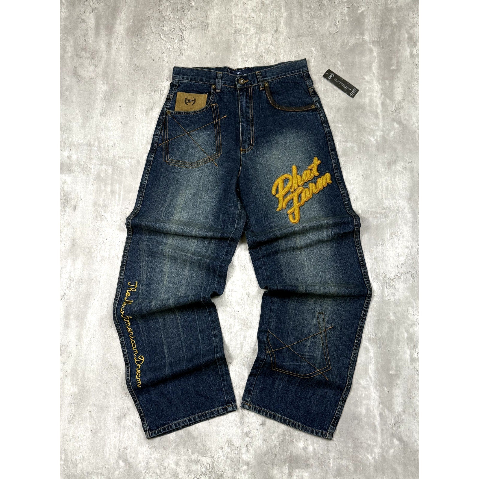 Vintage Womens Y2K Phat Farm Embroidered Script Dark Wash Denim Pants