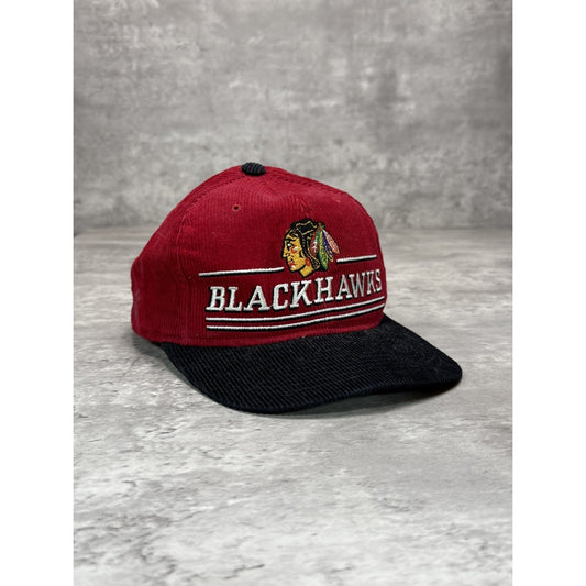Vintage 90s Chicago Blackhawks NHL Embroidered Corduroy Snapback Hat OSFA