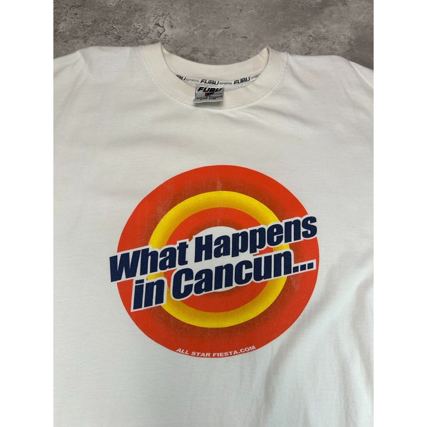 Vintage Y2K Fubu What Happens In Cancun Spellout Graphic T-Shirt Size XL