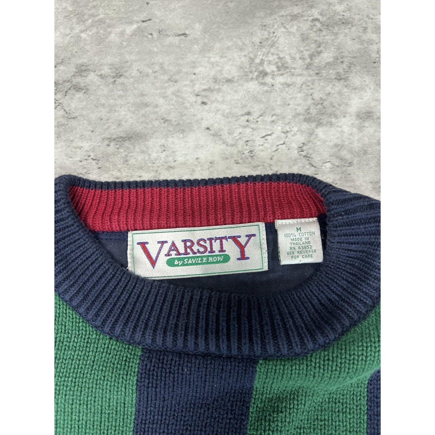 Vintage 90s Varsity Striped Pullover Ribbed Knit Sweater Size Medium Green/Blue