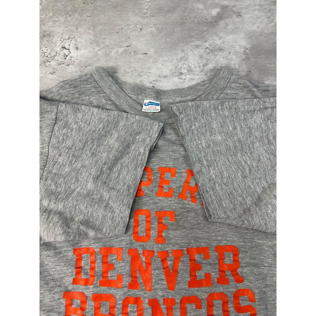 Vintage 80s Denver Broncos NFL Spellout Graphic Football Warmup T-Shirt Sz Large