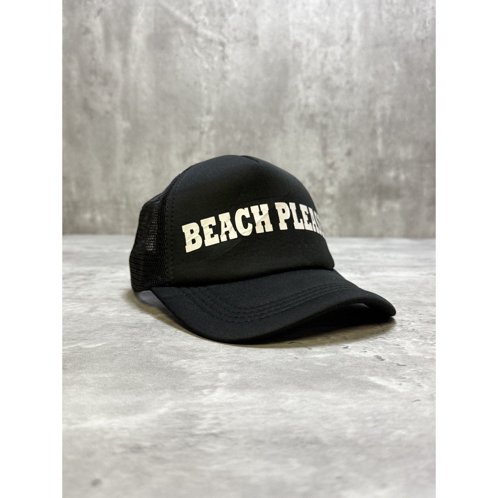 Vintage 90s Beach Please Spellout Comedy Slogan Trucker Snapback Hat OSFA