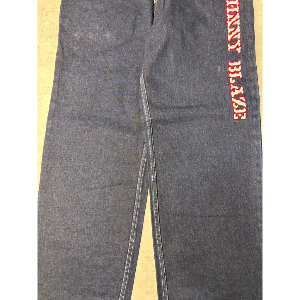 Y2K Womens Johnny Blaze Embroidered Spellout Dark Wash Denim Pants 28x29