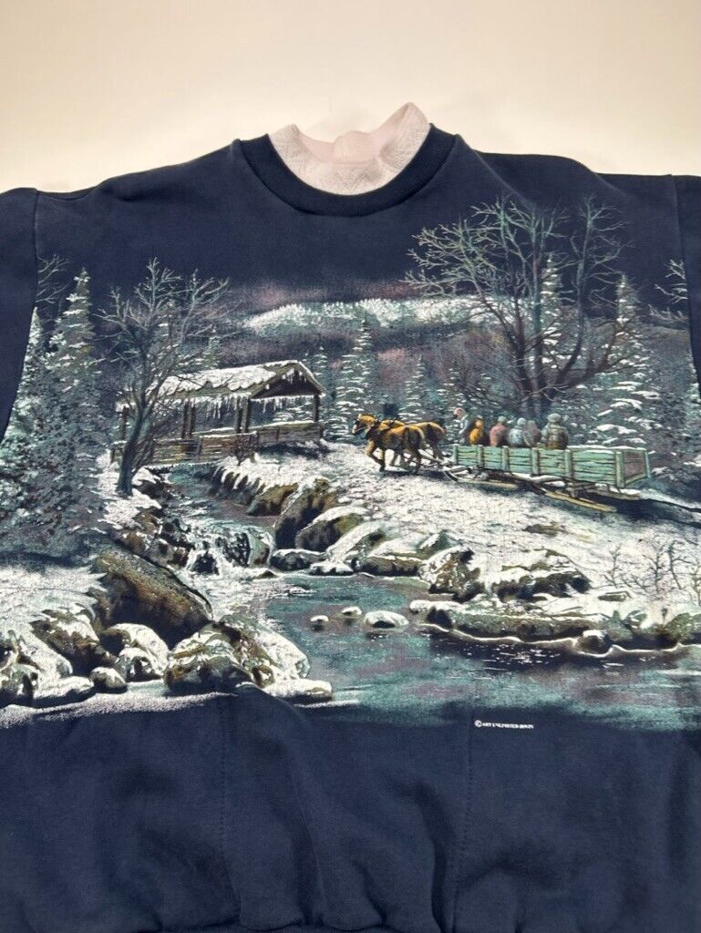 Vintage 90s Winter Carriage Ride Landscape AOP Graphic Sweatshirt Size Medium