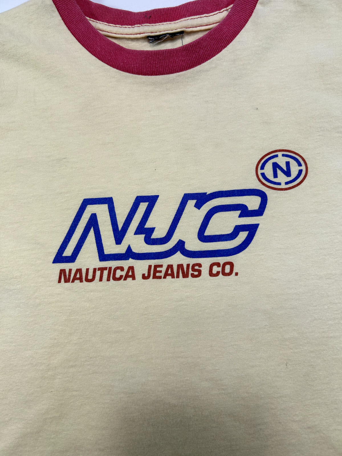 Vintage Nautica Jeans Co Graphic Spellout T-Shirt Size Small Yellow