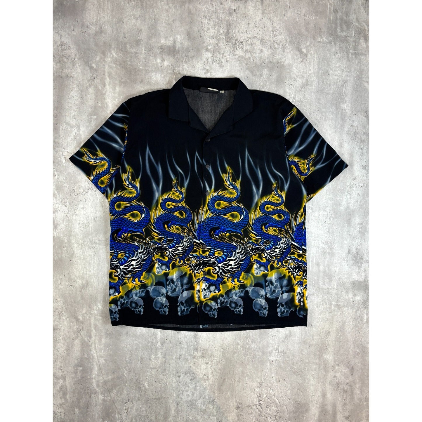 Vintage Y2K Flame Skull Dragon All Over Print Button Up Shirt Size XL