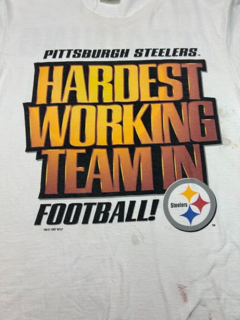 Vtg 1997 Pittsburgh Steelers NFL Hardest Working Team Graphic T-Shirt Size Large