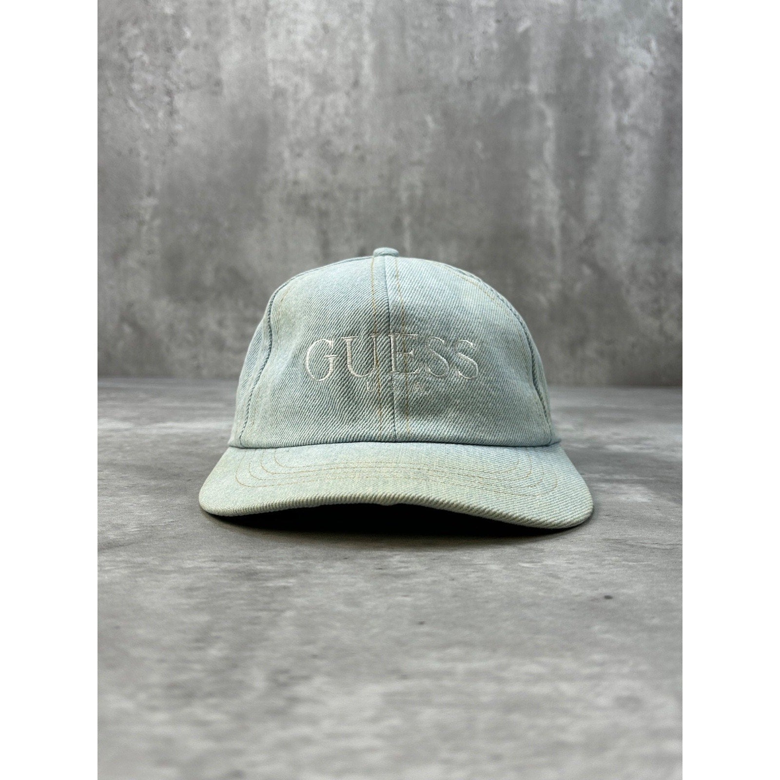 Vintage 90s Guess USA Light Wash Denim Embroidered Spellout Snapback Hat OSFA