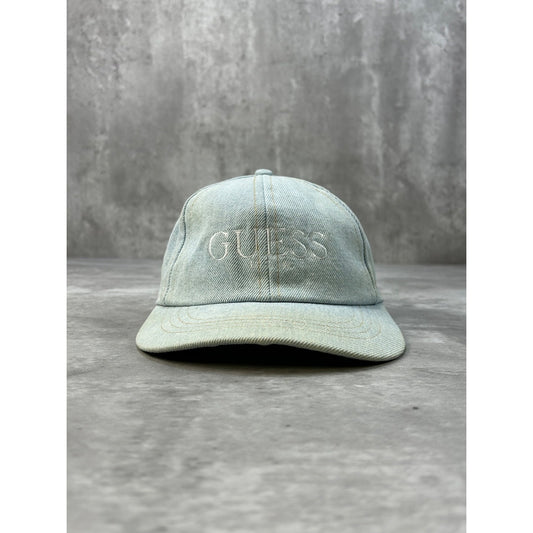 Vintage 90s Guess USA Light Wash Denim Embroidered Spellout Snapback Hat OSFA