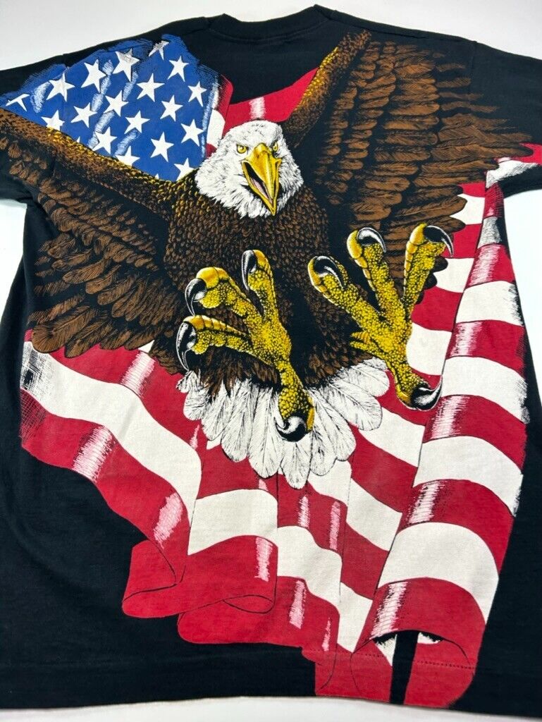 Vintage 90s Bald Eagle American Flag AOP Graphic T-Shirt Size Large