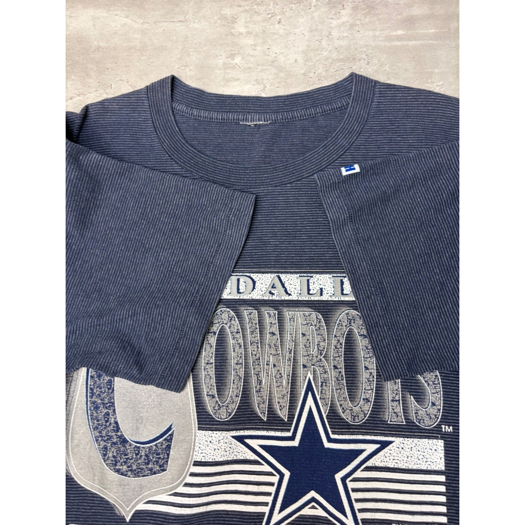Vintage 1993 Dallas Cowboys NFL Big Graphic Spellout Striped T-Shirt Size Large