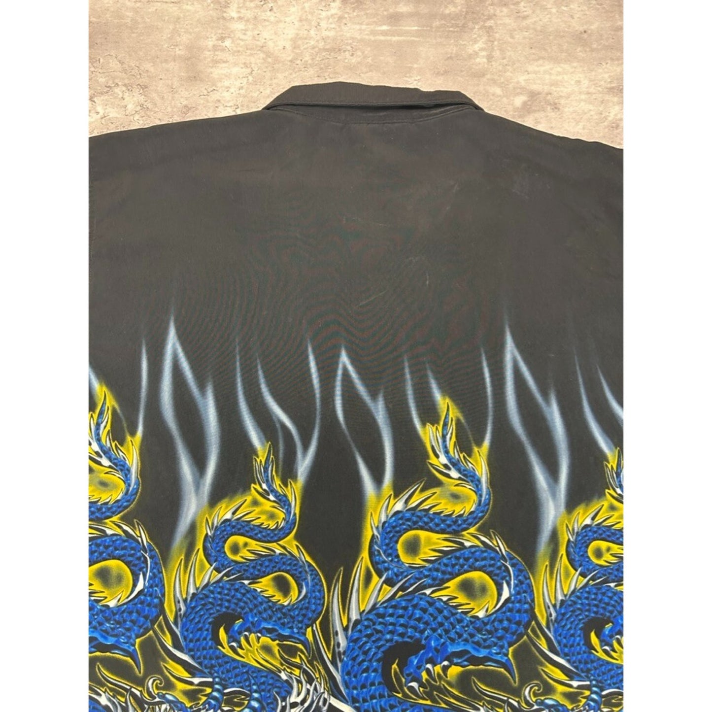 Vintage Y2K Flame Skull Dragon All Over Print Button Up Shirt Size XL