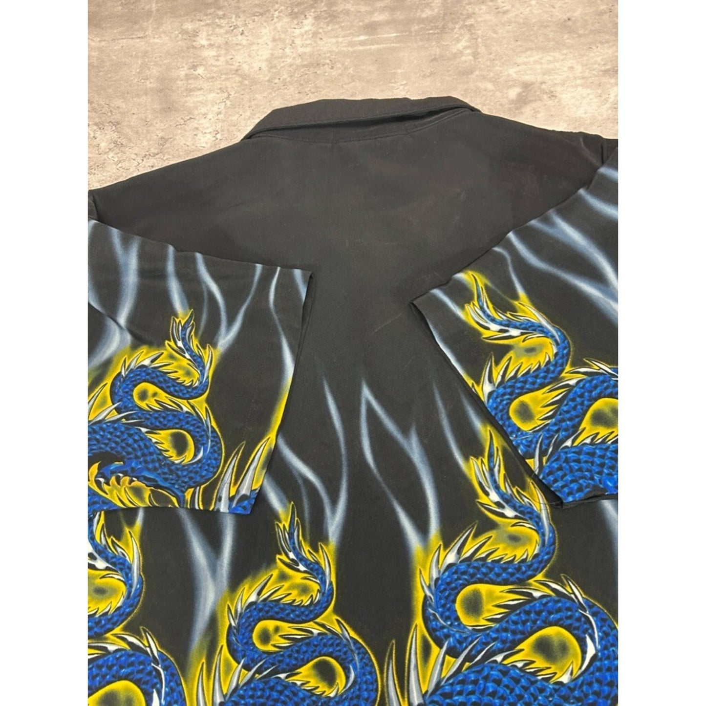 Vintage Y2K Flame Skull Dragon All Over Print Button Up Shirt Size XL