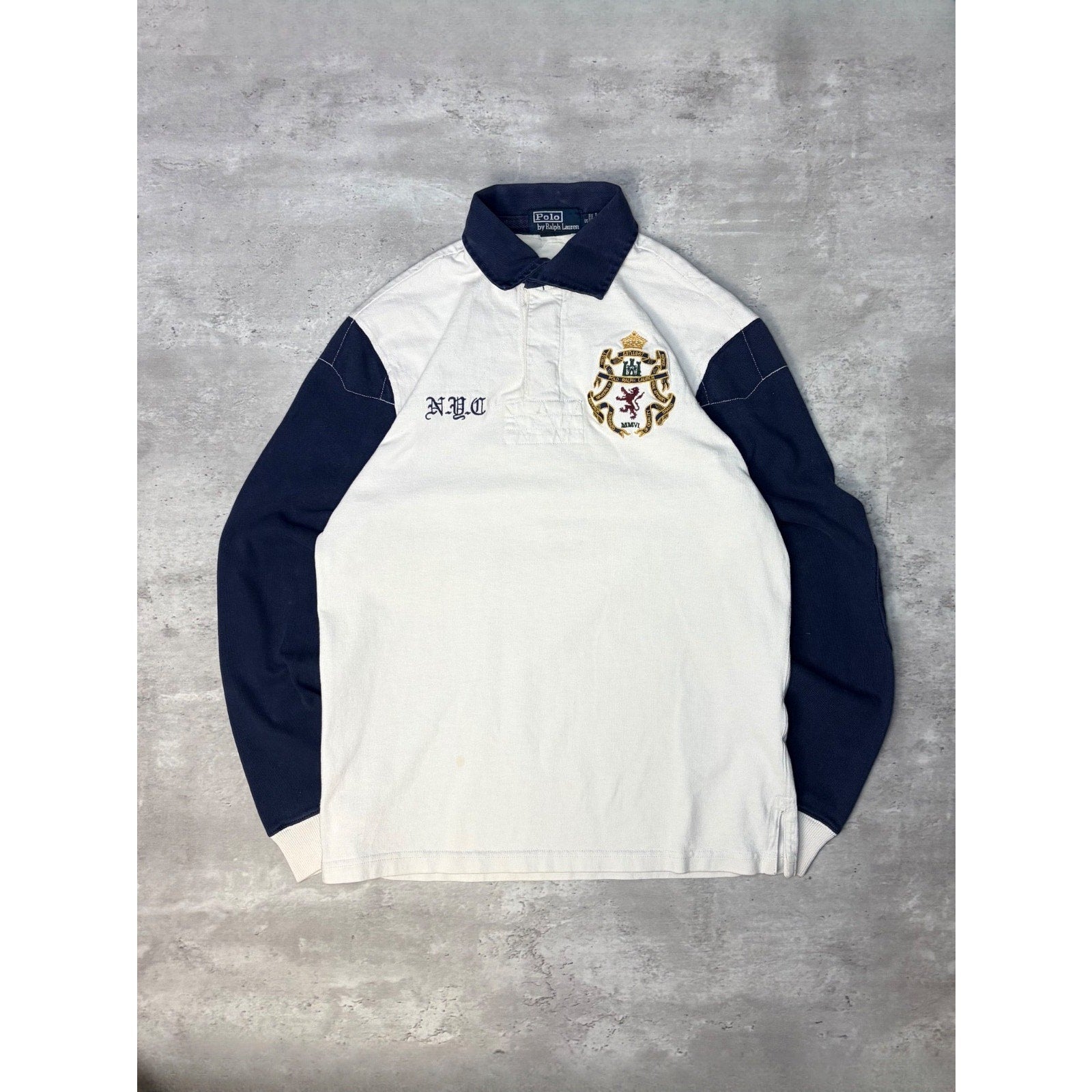 Vintage Polo Ralph Lauren NYC Embroidered Crest Graphic Button Up Shirt Sz Small