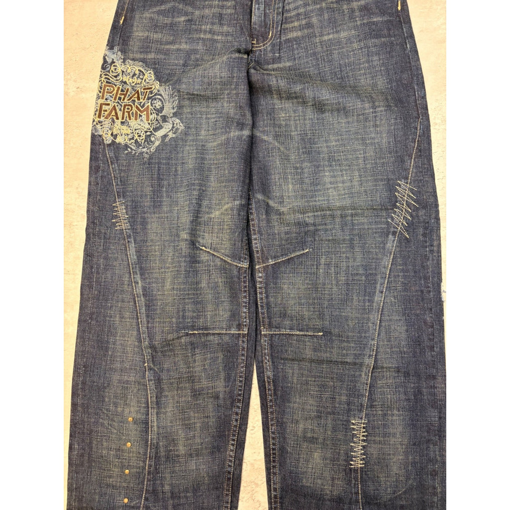 Vintage Y2K Womens Phat Farm Embroidered Spellout Dark Wash Denim Pants 29x31