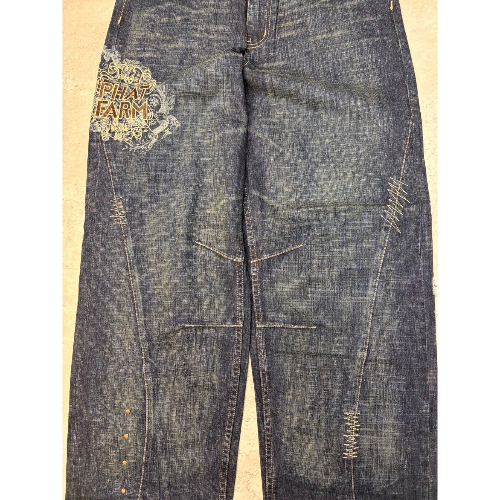 Vintage Y2K Womens Phat Farm Embroidered Spellout Dark Wash Denim Pants 29x31