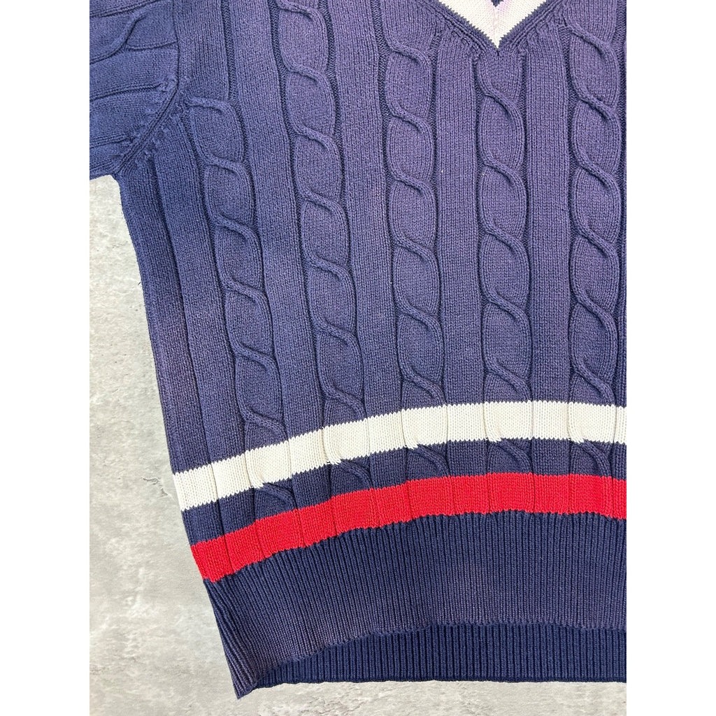 Vintage 90s Izod Embroidered Spellout Cable Knit V-Neck Sweater Size Large