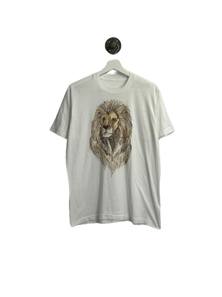 Vintage 90s Lion Nature Wildlife Art Graphic T-Shirt Size Large White