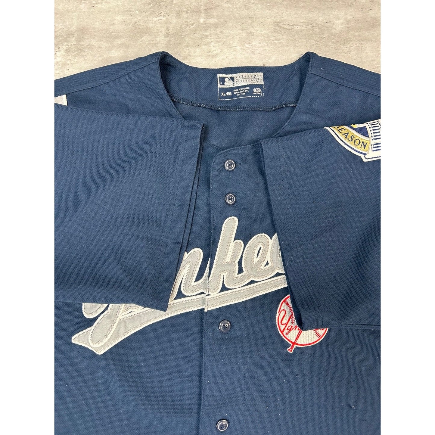 New York Yankees MLB Tailsweep Spellout Baseball Jersey Size XL Blue