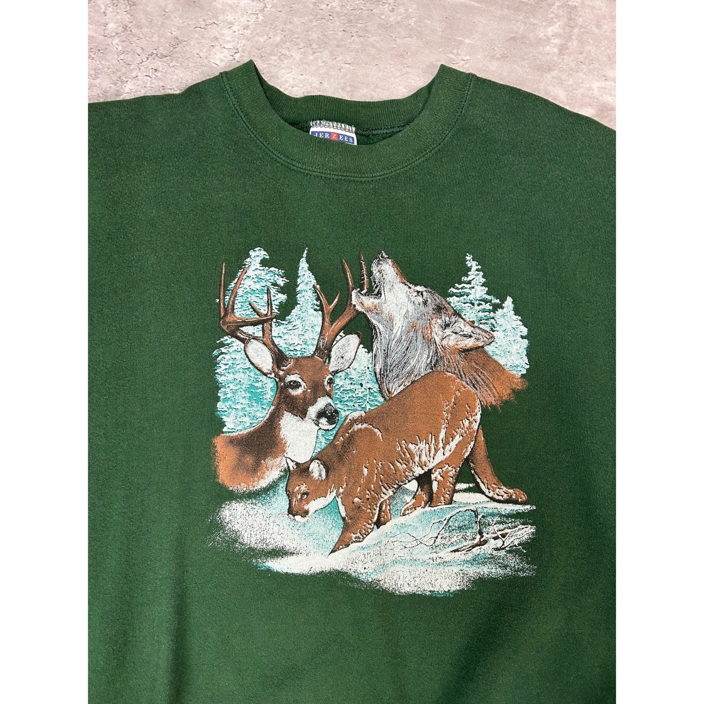 Vintage 90s Arctic Wildlands Deer Nature Graphic Sweatshirt Size XL Green