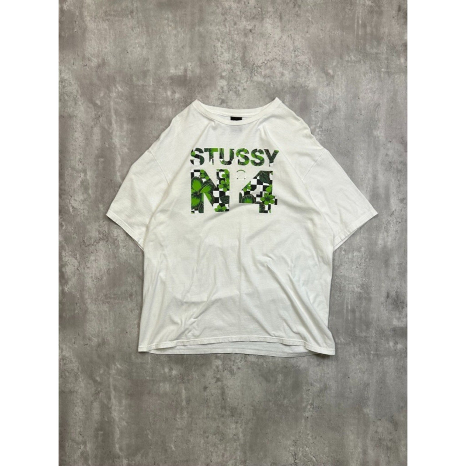 Vintage Stussy N4 Floral Checkered Spellout Graphic T-Shirt Size XL