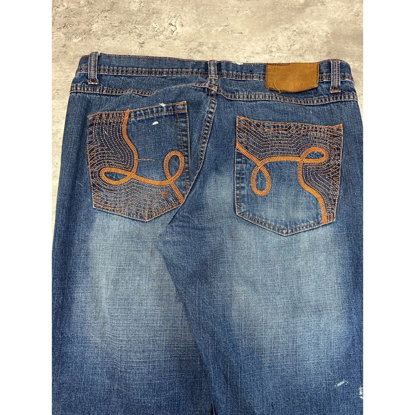 Vintage Y2K Ask Embroidered Pockets Dark Wash Denim Pants Size 38 Blue