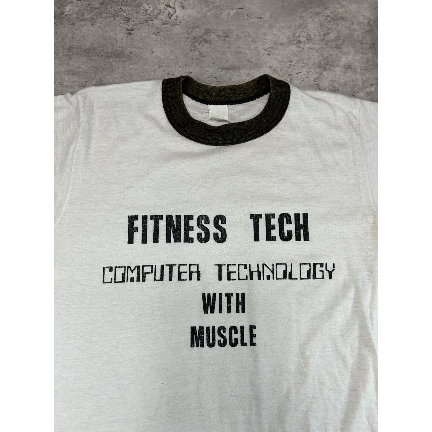 Vintage 80s Fitness Tech Computer Technology & Muscle Ringer T-Shirt Size Small
