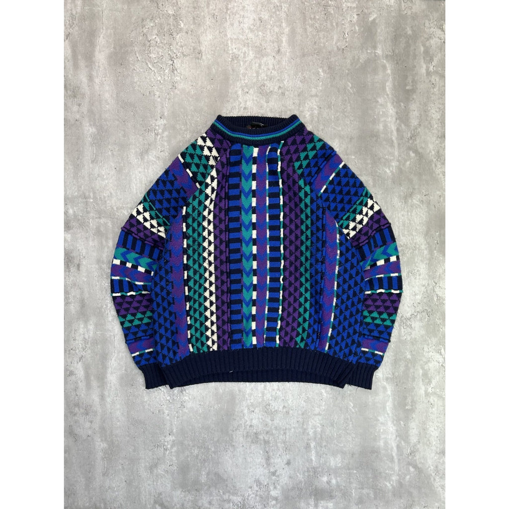 Vintage 90s Geometric Striped Print Pullover Knit Sweater Size XL