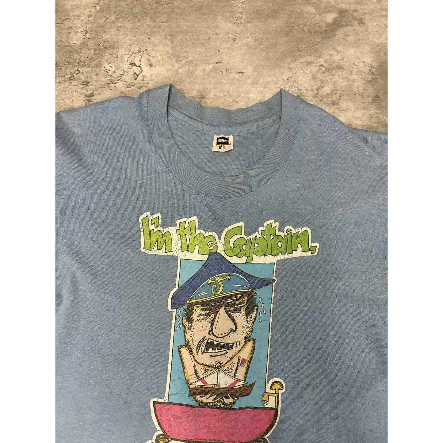 Vintage 70s Im The Captain Comedy Slogan Cartoon Graphic T-Shirt Size Medium