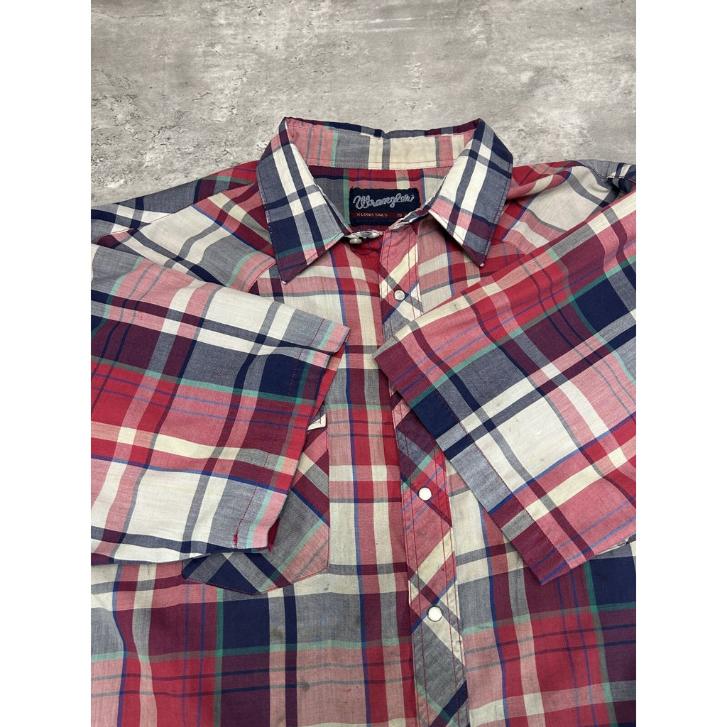 Vintage 90s Wrangler Pearl Snap Plaid Reworked Cropped Button Up Shirt Sz 2XL