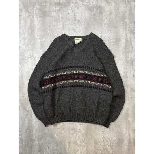 Vintage Eddie Bauer Abstract Striped Pullover V Neck Knit Sweater Size Large