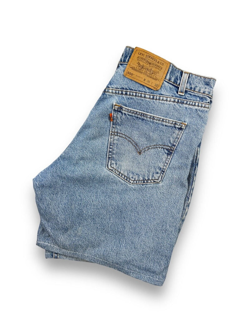 Vintage 1997 Levis 550 Orange Tab Light Wash Denim shorts Size 36W