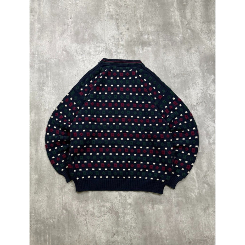 Vintage 90s Geometric Pattern Print Pullover Ribbed Knit Sweater Size Large