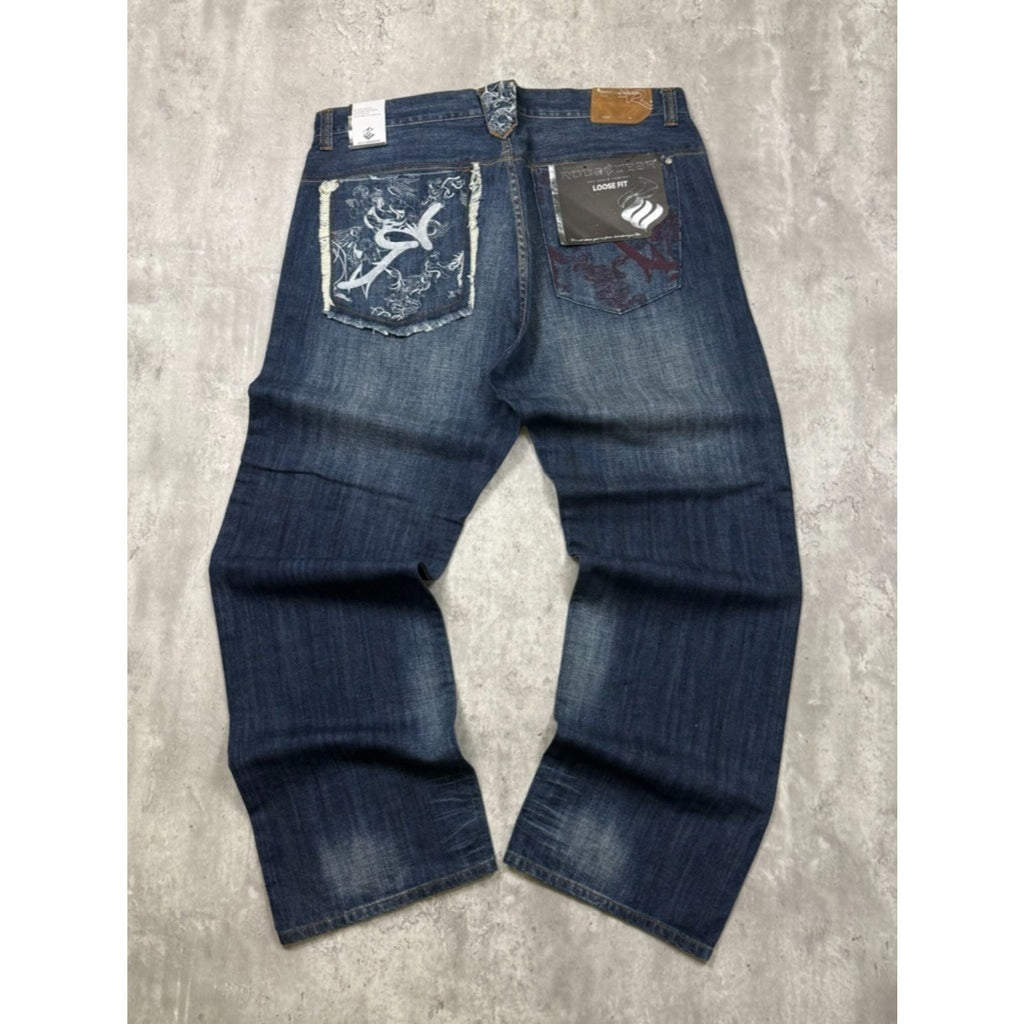 Vintage Y2K Rocawear Embroidered Pocket Dark Wash Denim Pants Size 40x34