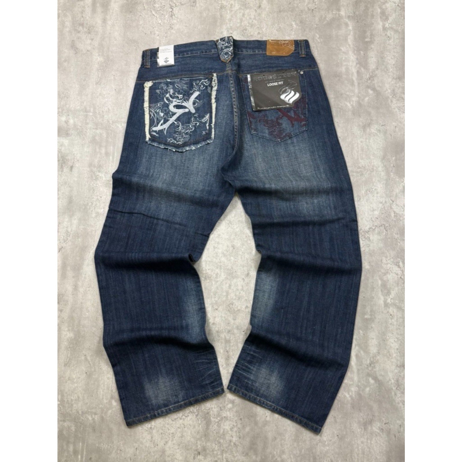 Vintage Y2K Rocawear Embroidered Pocket Dark Wash Denim Pants Size 40x34