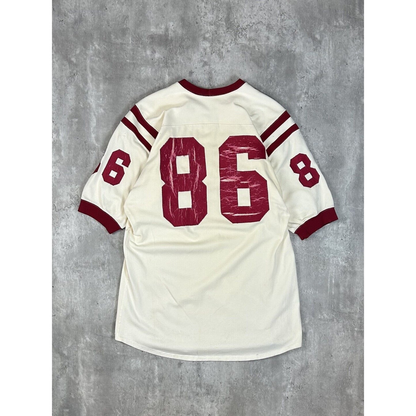 Vintage 1950s Powers #86 Two Tone Striped Football Jersey Size Large White/Red