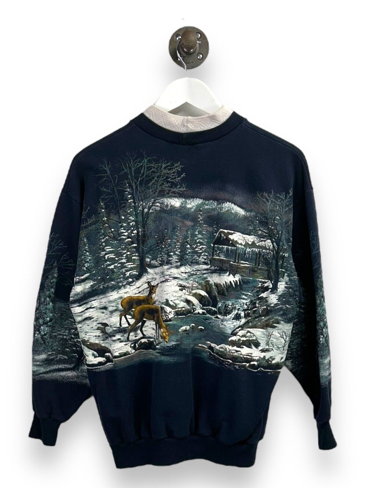 Vintage 90s Winter Carriage Ride Landscape AOP Graphic Sweatshirt Size Medium