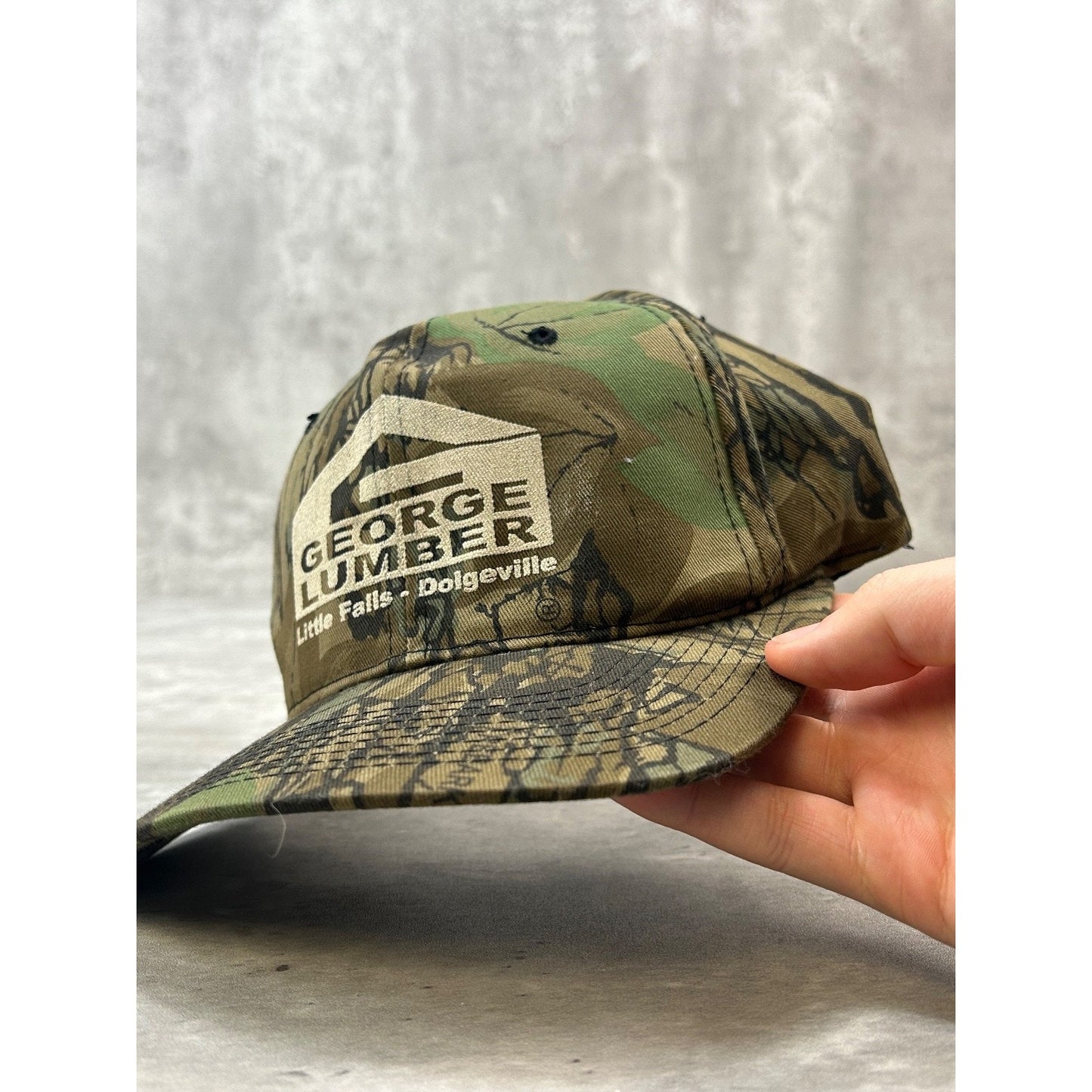 Vintage 90s George Lumber Tree Camo Hunting Spellout Snapback Hat OSFA