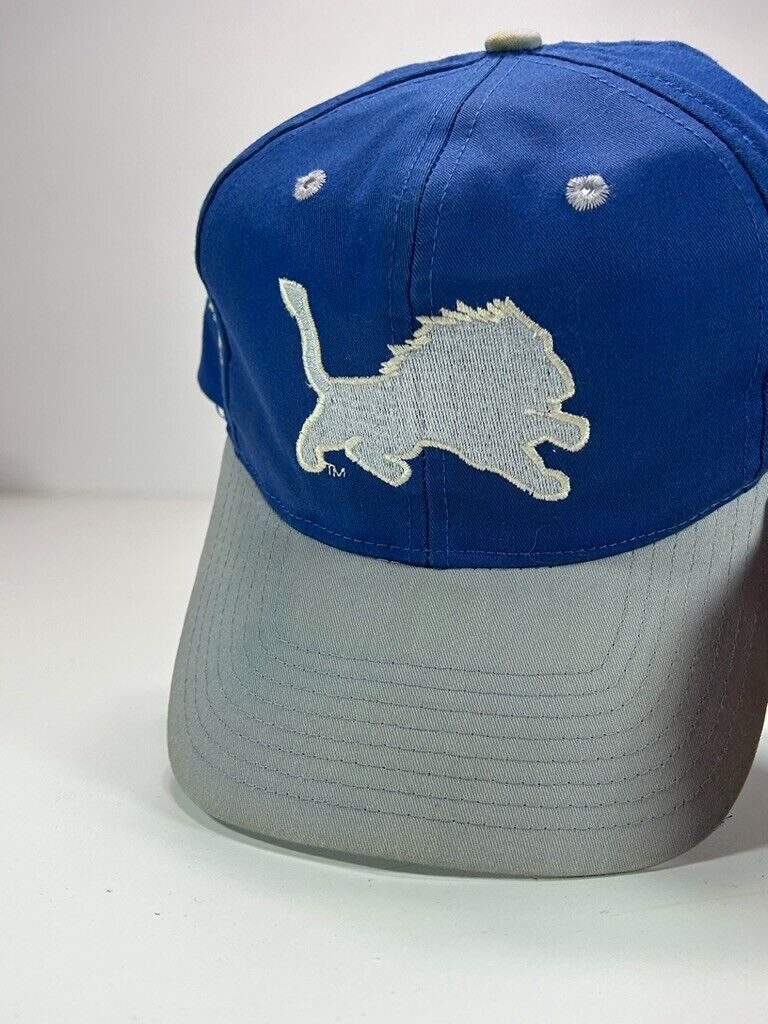 Vintage 90s Detroit Lions NFL Embroidered Logo Spell Out Snapback Hat OSFA Blue