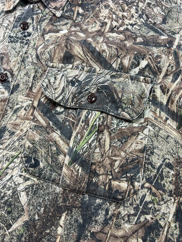 Cabelas Mossy Oak Duck Blind Camo Double Pocket Button Up Shirt Size Large